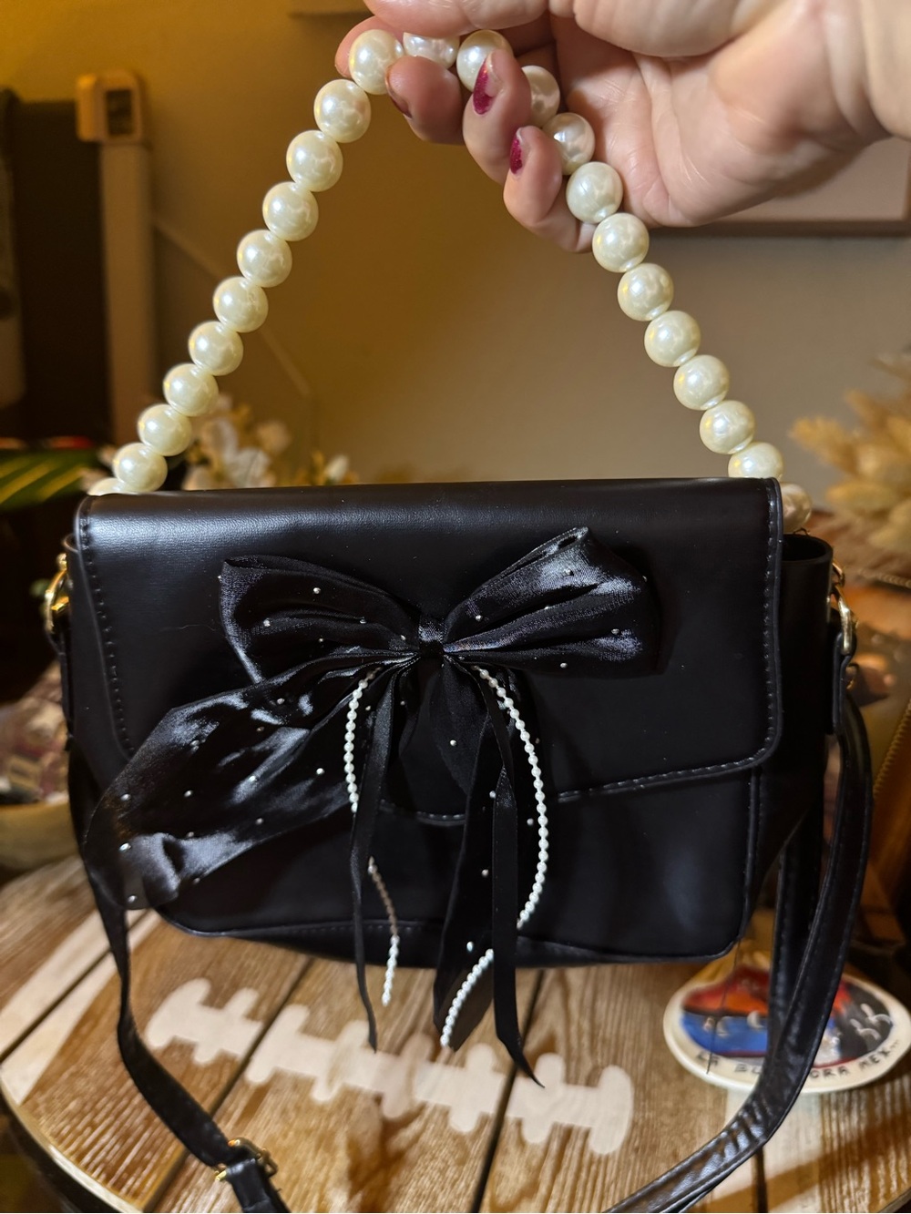 Black Pearl-Handle Bow Crossbody Bag NWOT